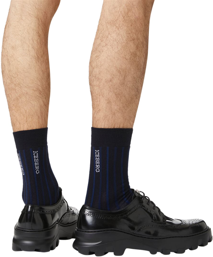 Iceberg Blue ribbed wool sock with jacquard logo Blauw