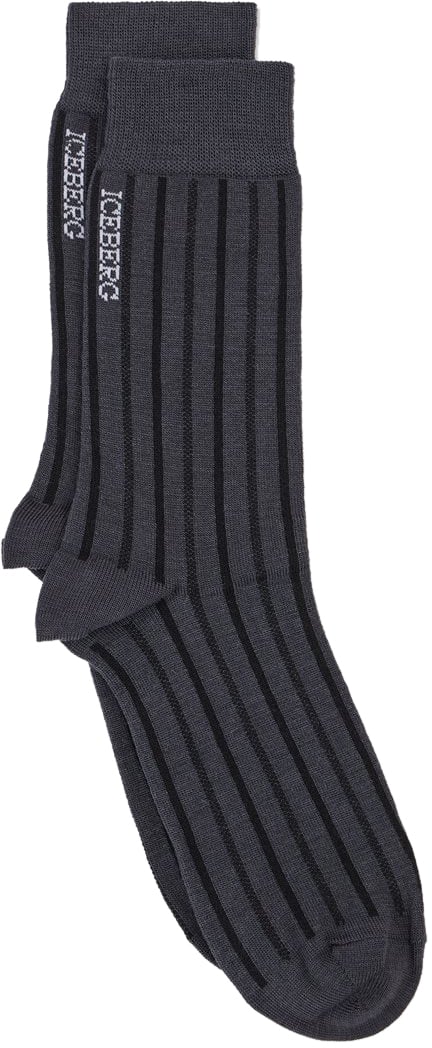 Iceberg Dark grey ribbed wool sock with jacquard logo Grijs