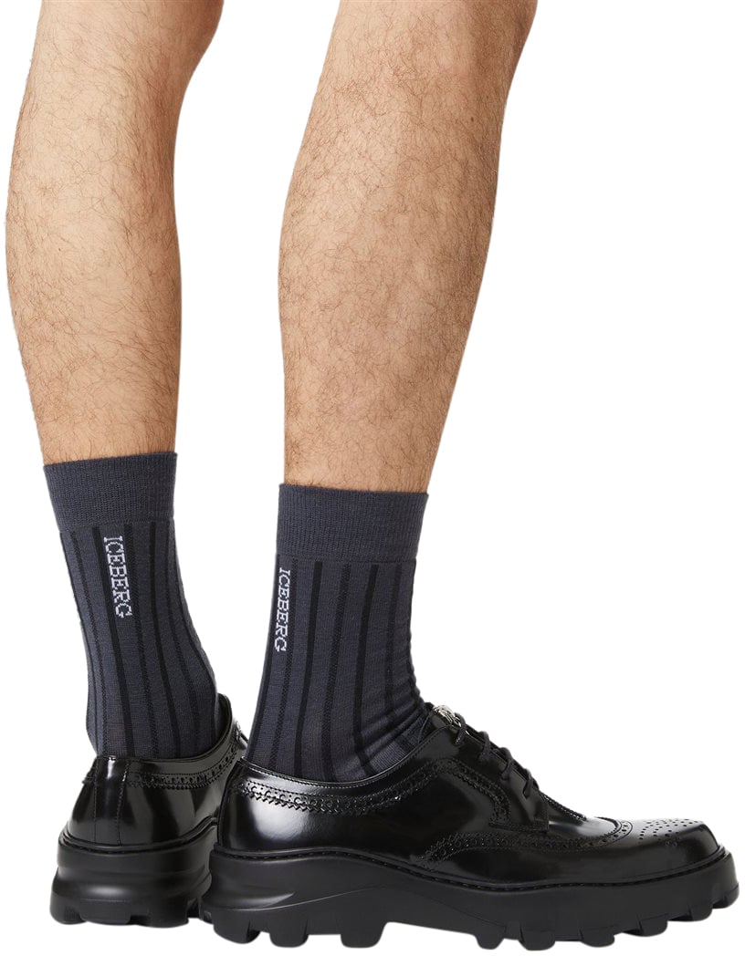 Iceberg Dark grey ribbed wool sock with jacquard logo Grijs