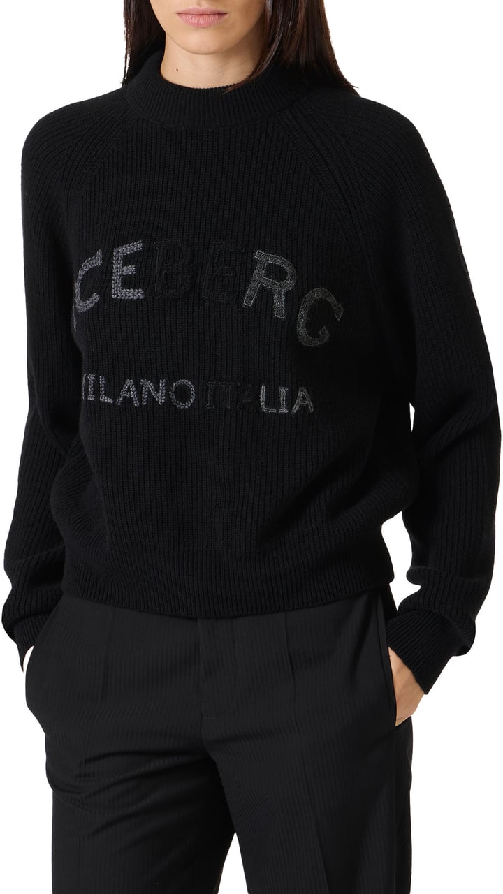 Iceberg Black lambswool sweater with corn stitch Zwart