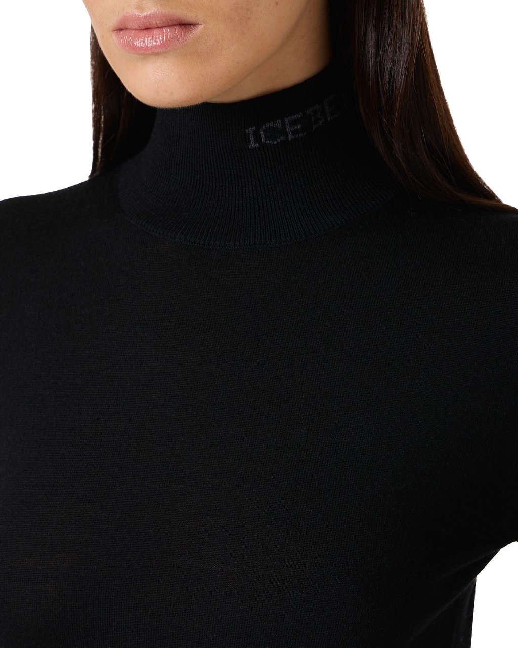 Iceberg Black turtleneck sweater in extra-fine Merino wool with Iceberg logo inlaid on the collar Zwart