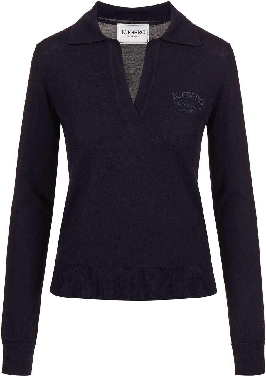 Iceberg Polo blu a manica lunga in lana Merinos extrafine con logo Iceberg Blauw