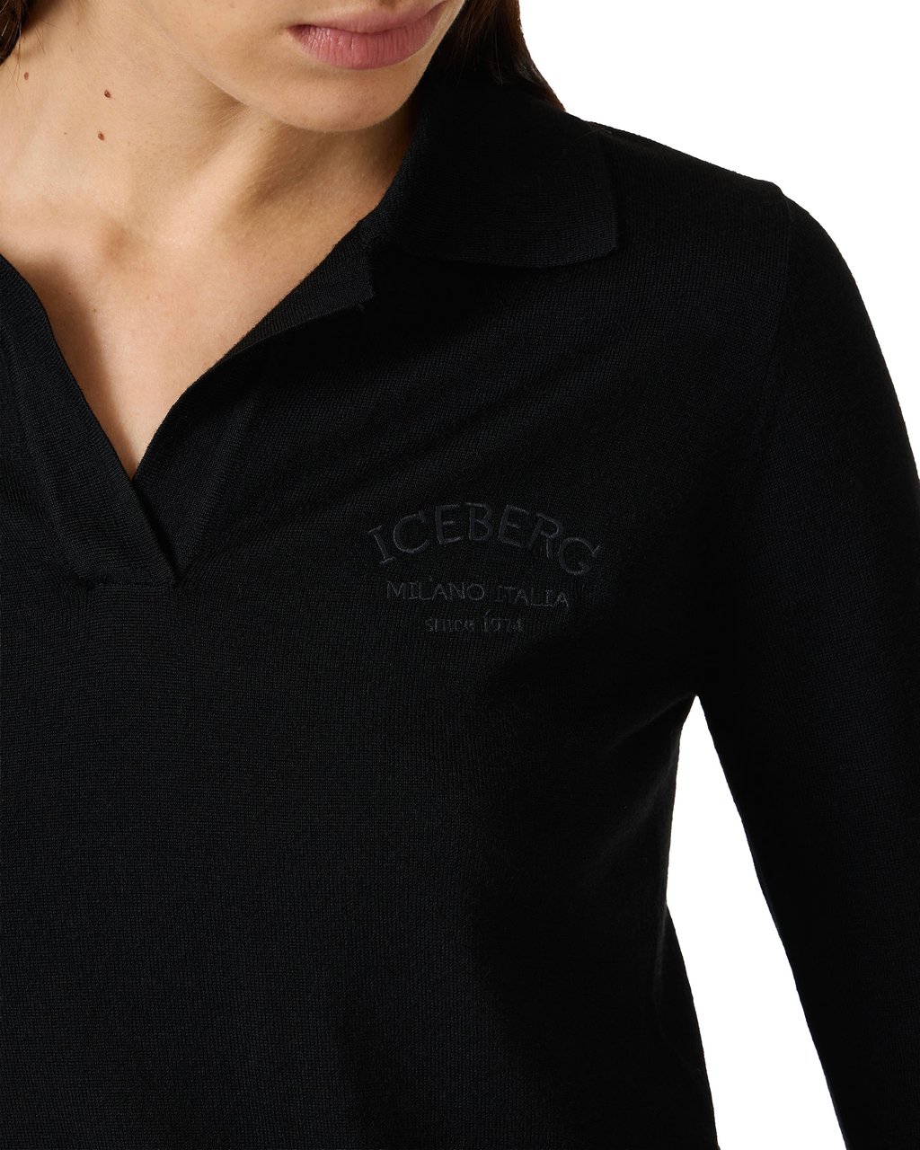 Iceberg Black long-sleeved polo shirt in extra-fine Merino wool with Iceberg logo Zwart