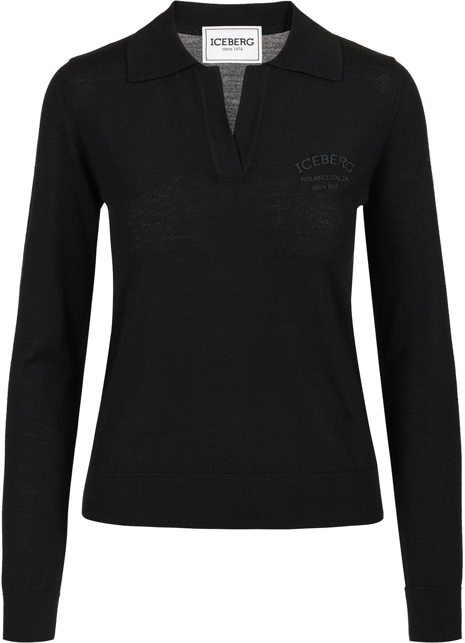 Iceberg Black long-sleeved polo shirt in extra-fine Merino wool with Iceberg logo Zwart