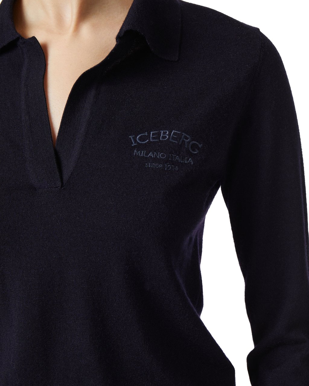 Iceberg Polo blu a manica lunga in lana Merinos extrafine con logo Iceberg Blauw