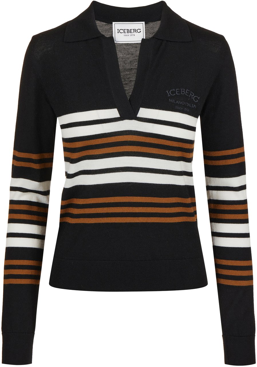 Iceberg Long-sleeved polo shirt in extra-fine Merino wool with Iceberg Milano tone-on-tone customization Zwart