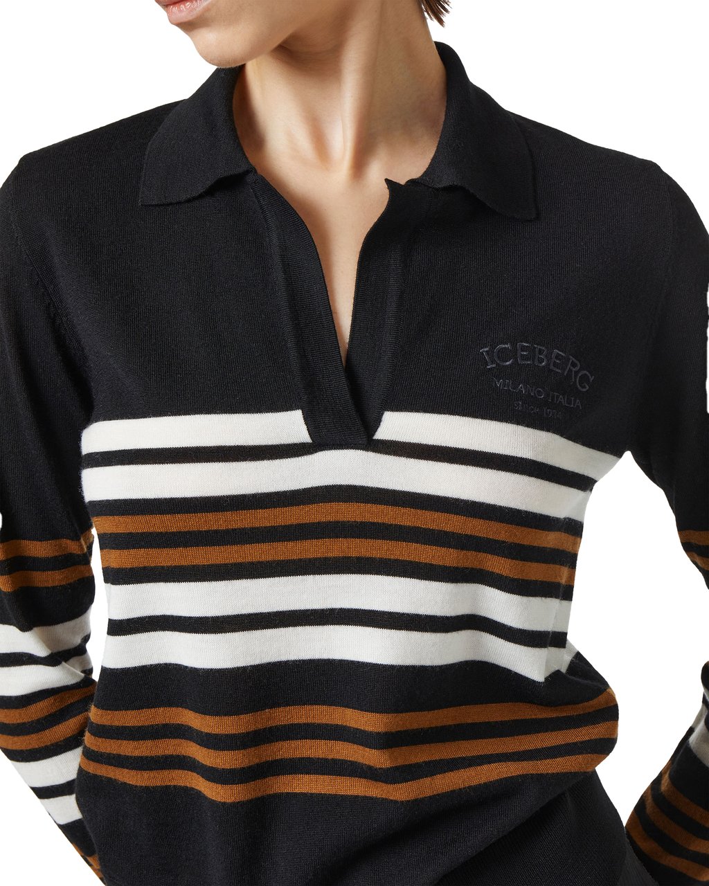 Iceberg Long-sleeved polo shirt in extra-fine Merino wool with Iceberg Milano tone-on-tone customization Zwart