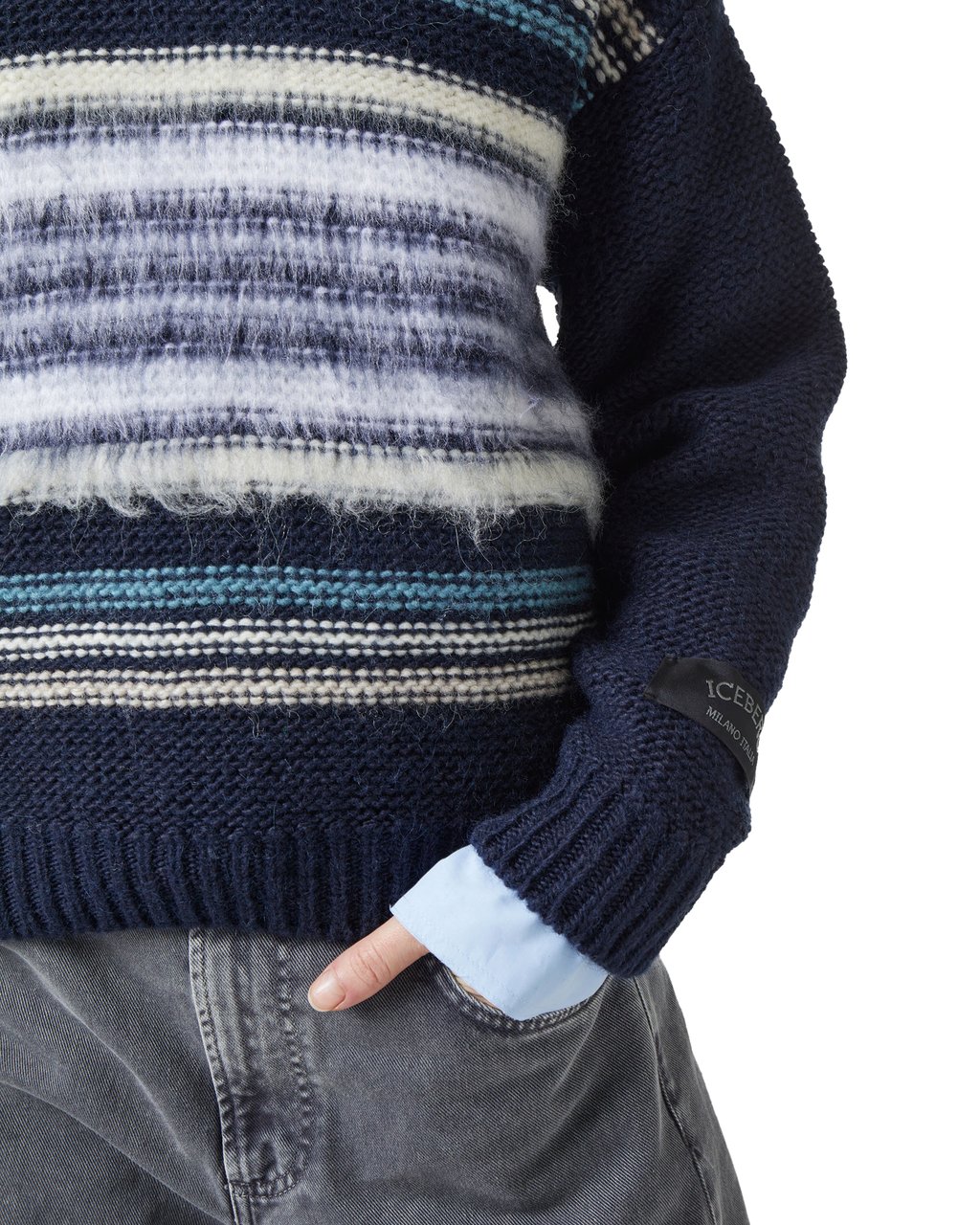 Iceberg Wool and alpaca crewneck sweater: carded stripes and contrasting textures Blauw