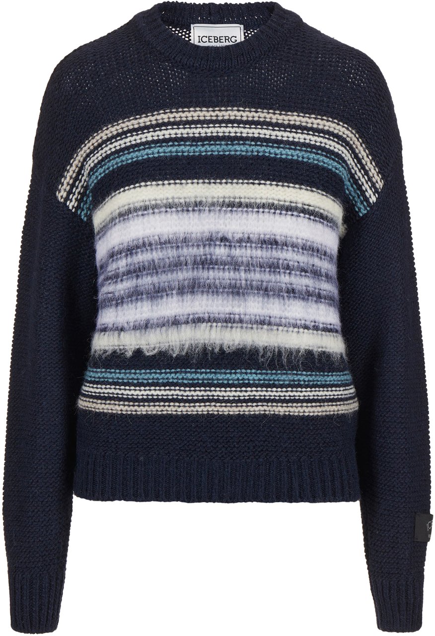 Iceberg Wool and alpaca crewneck sweater: carded stripes and contrasting textures Blauw