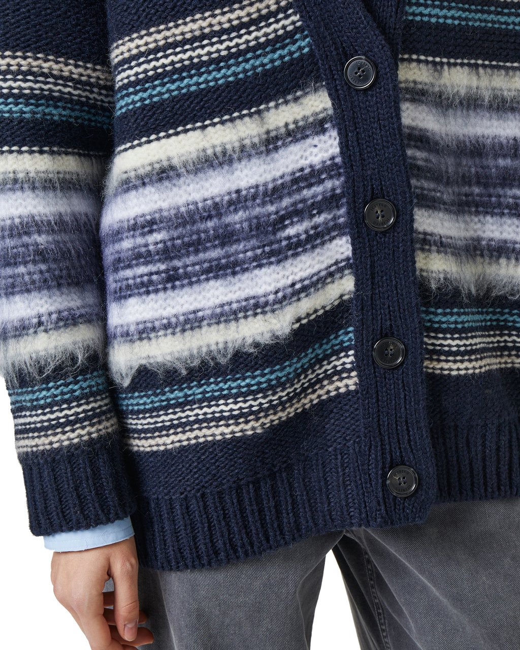 Iceberg Wool and alpaca cardigan with carded stripes: comfort and texture in the foreground Blauw
