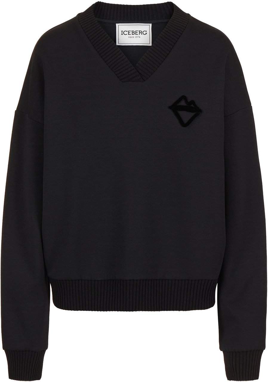 Iceberg Black V-neck sweatshirt with embossed Iceberg logo Zwart