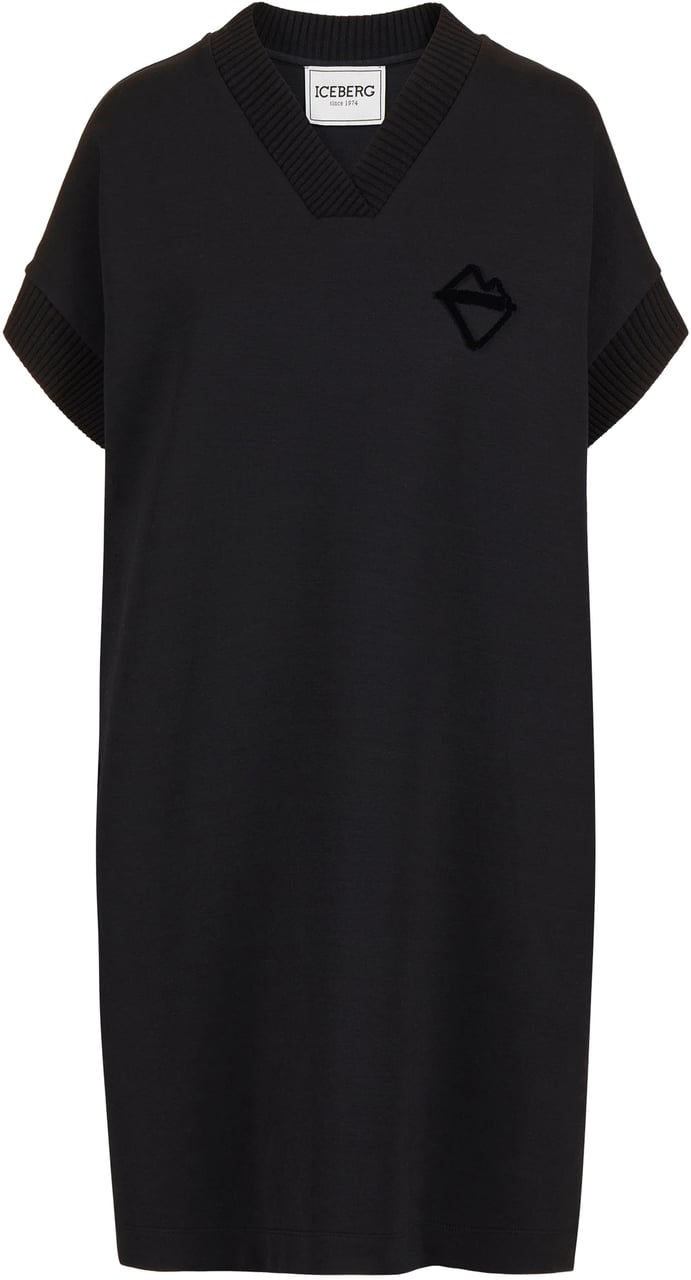 Iceberg Black dress with V-neck and embossed Iceberg logo Zwart