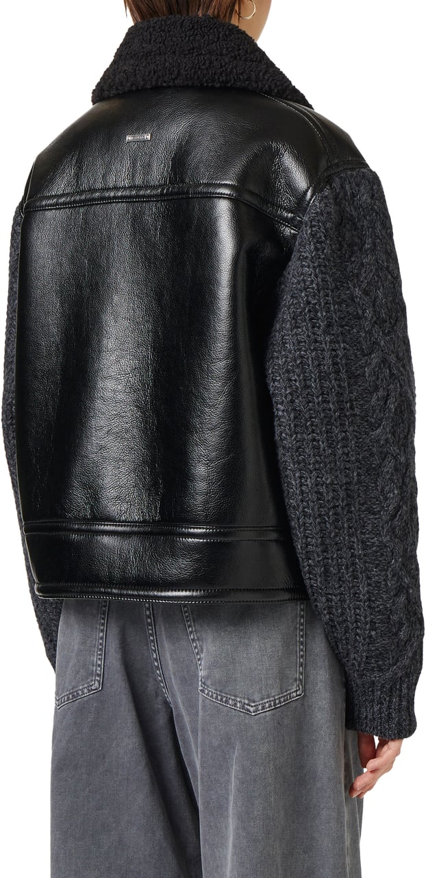 Iceberg Black sheepskin and braided knit jacket with teddy bear details Zwart