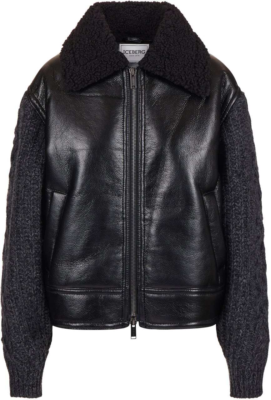 Iceberg Black sheepskin and braided knit jacket with teddy bear details Zwart