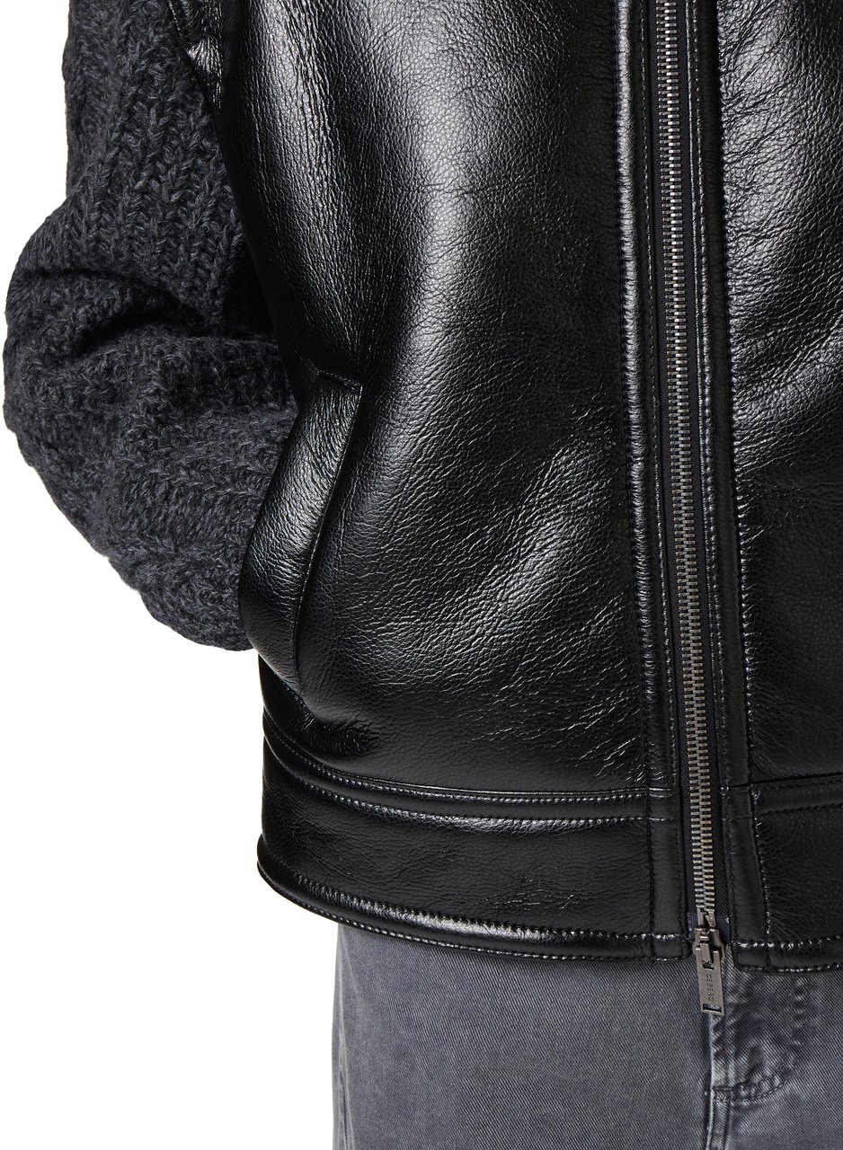 Iceberg Black sheepskin and braided knit jacket with teddy bear details Zwart