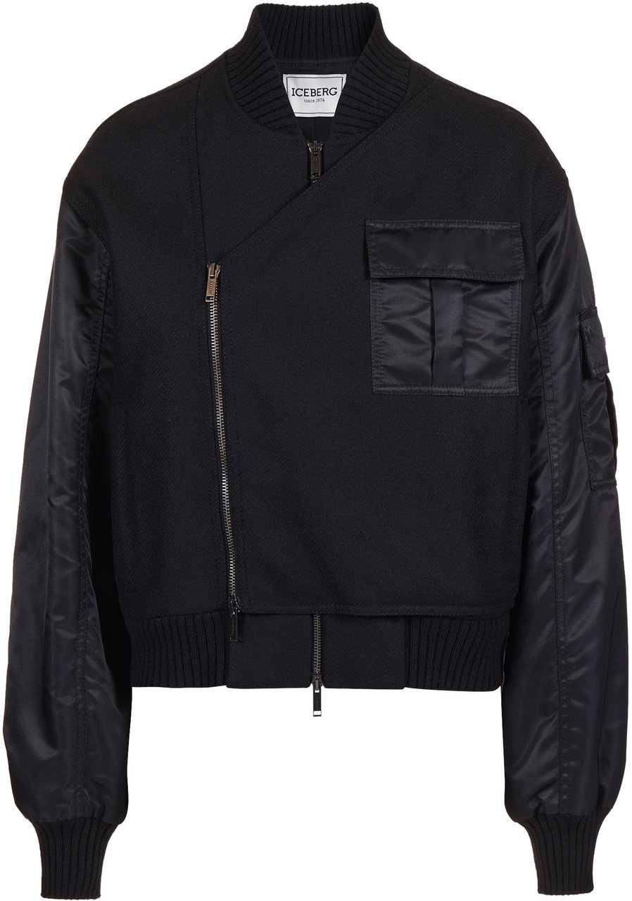 Iceberg Comfort fit black jacket in cloth and nylon with logo zip and technical details Zwart