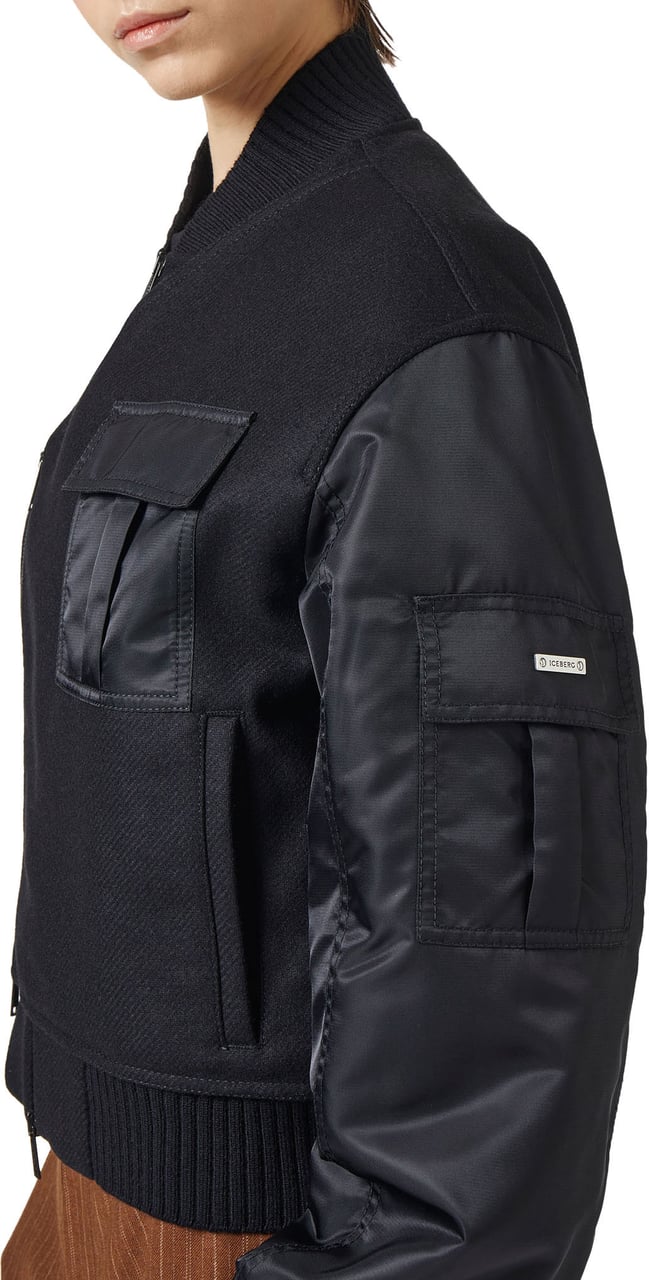 Iceberg Comfort fit black jacket in cloth and nylon with logo zip and technical details Zwart