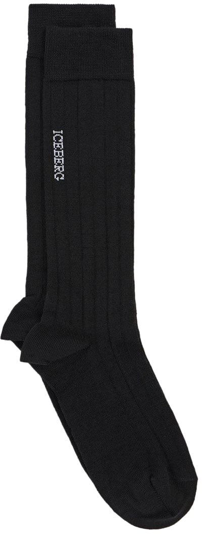 Iceberg Wool ribbed sock with vertical jacquard logo Zwart