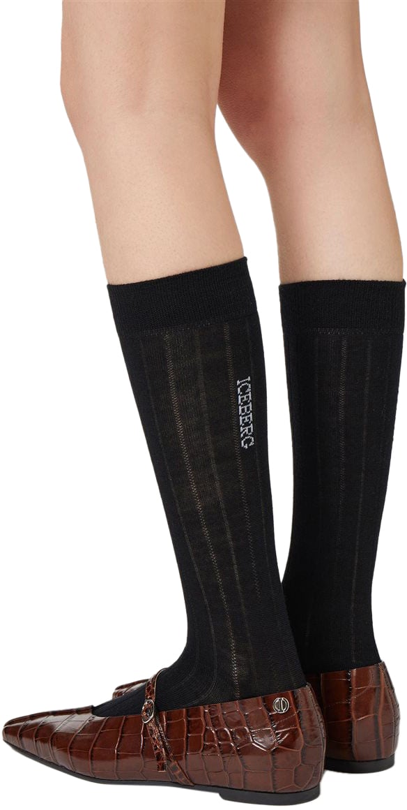 Iceberg Wool ribbed sock with vertical jacquard logo Zwart