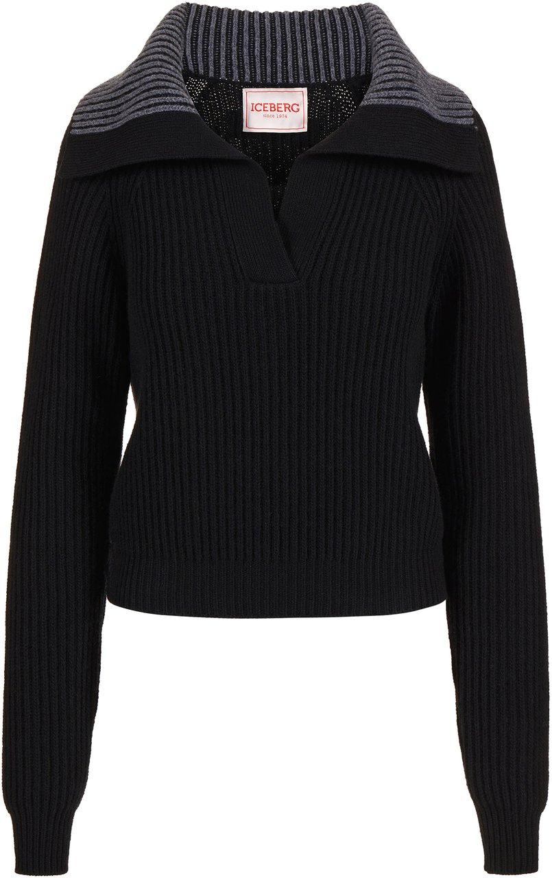 Iceberg Regular-fit black lambswool polo shirt Zwart