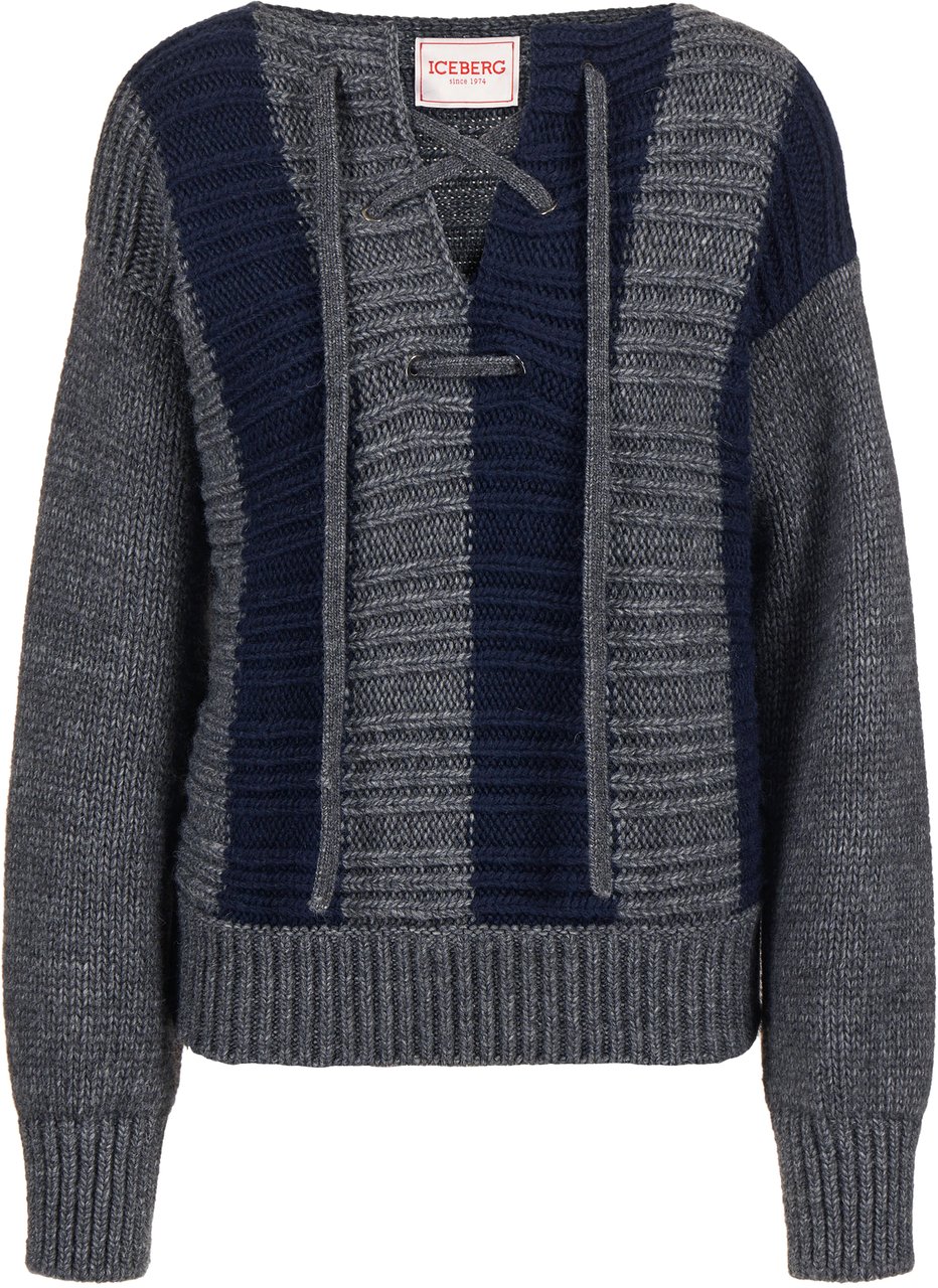 Iceberg Alpaca wool crewneck sweater with contrasting stripes Zwart