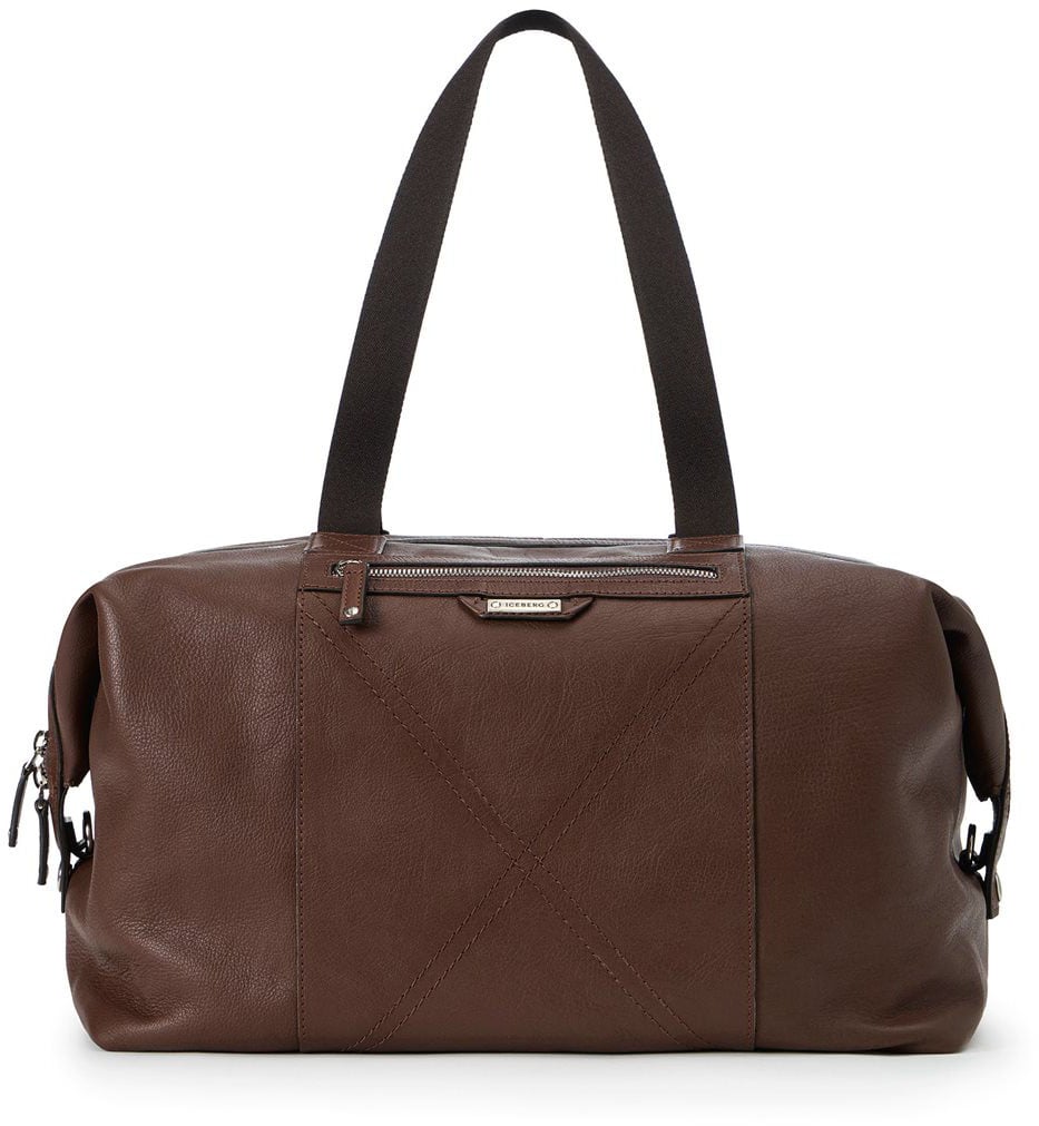 Iceberg Hazelnut leather duffel bag with cross-stitching and logo plaque Bruin