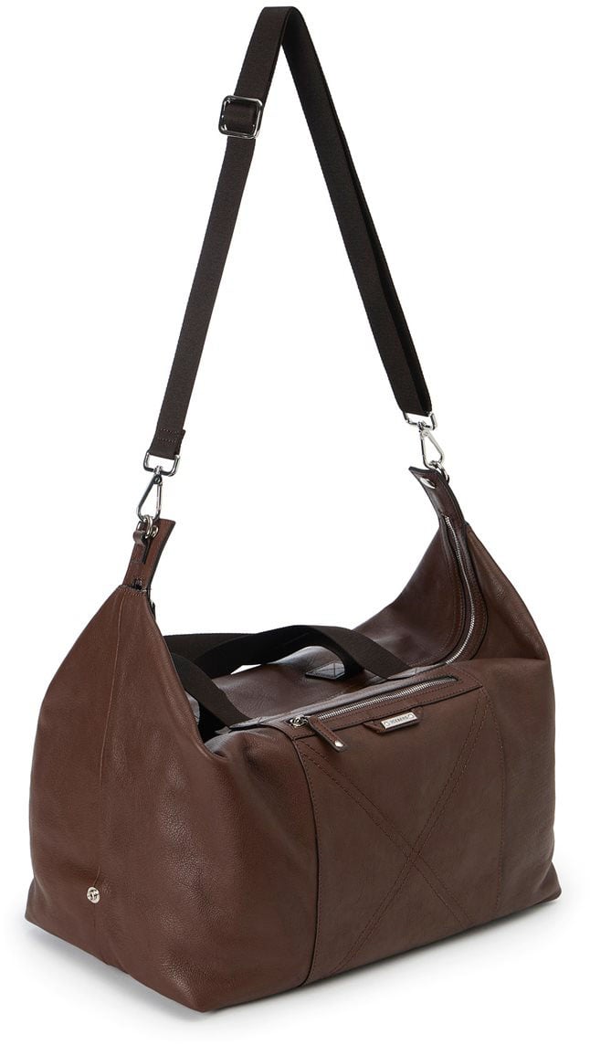 Iceberg Hazelnut leather duffel bag with cross-stitching and logo plaque Bruin