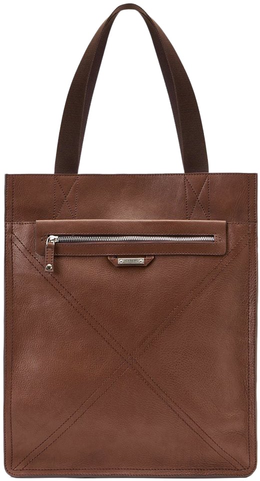 Iceberg Maxi shopper in hazelnut leather with cross stitching and metal logo plate Bruin