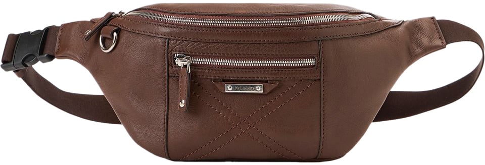 Iceberg Hazelnut leather bum bag with cross stitching and metal logo plate Bruin