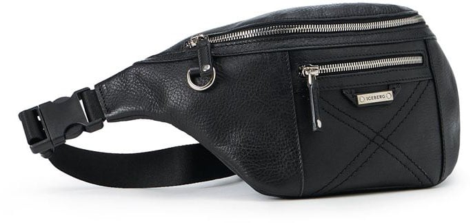 Iceberg Black leather bum bag with cross stitching and metal logo plate Zwart