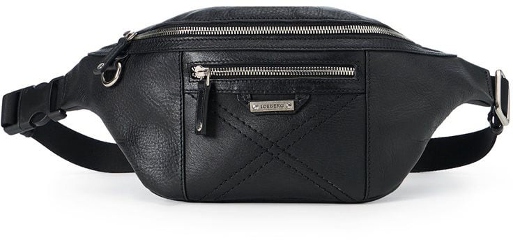 Iceberg Black leather bum bag with cross stitching and metal logo plate Zwart