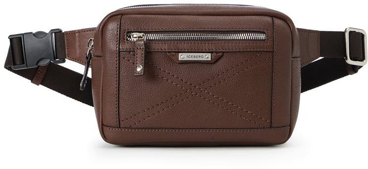 Iceberg Hazelnut leather bum bag with cross-stitching and metal buckle Bruin