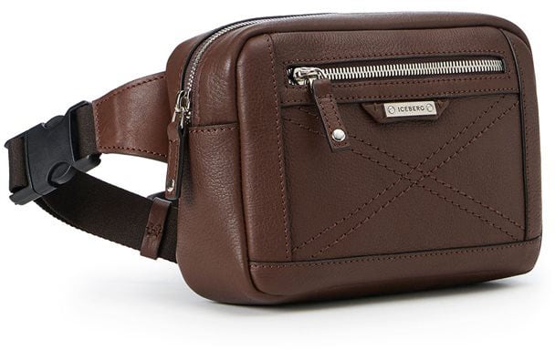 Iceberg Hazelnut leather bum bag with cross-stitching and metal buckle Bruin