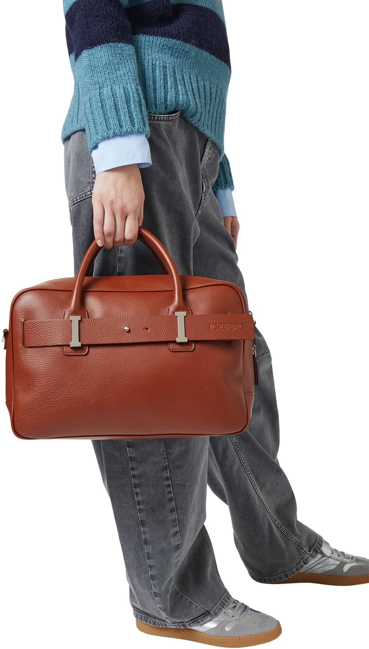 Iceberg Hazelnut Prince leather shoulder bag with logo buckles and debossed Iceberg logo detail Bruin