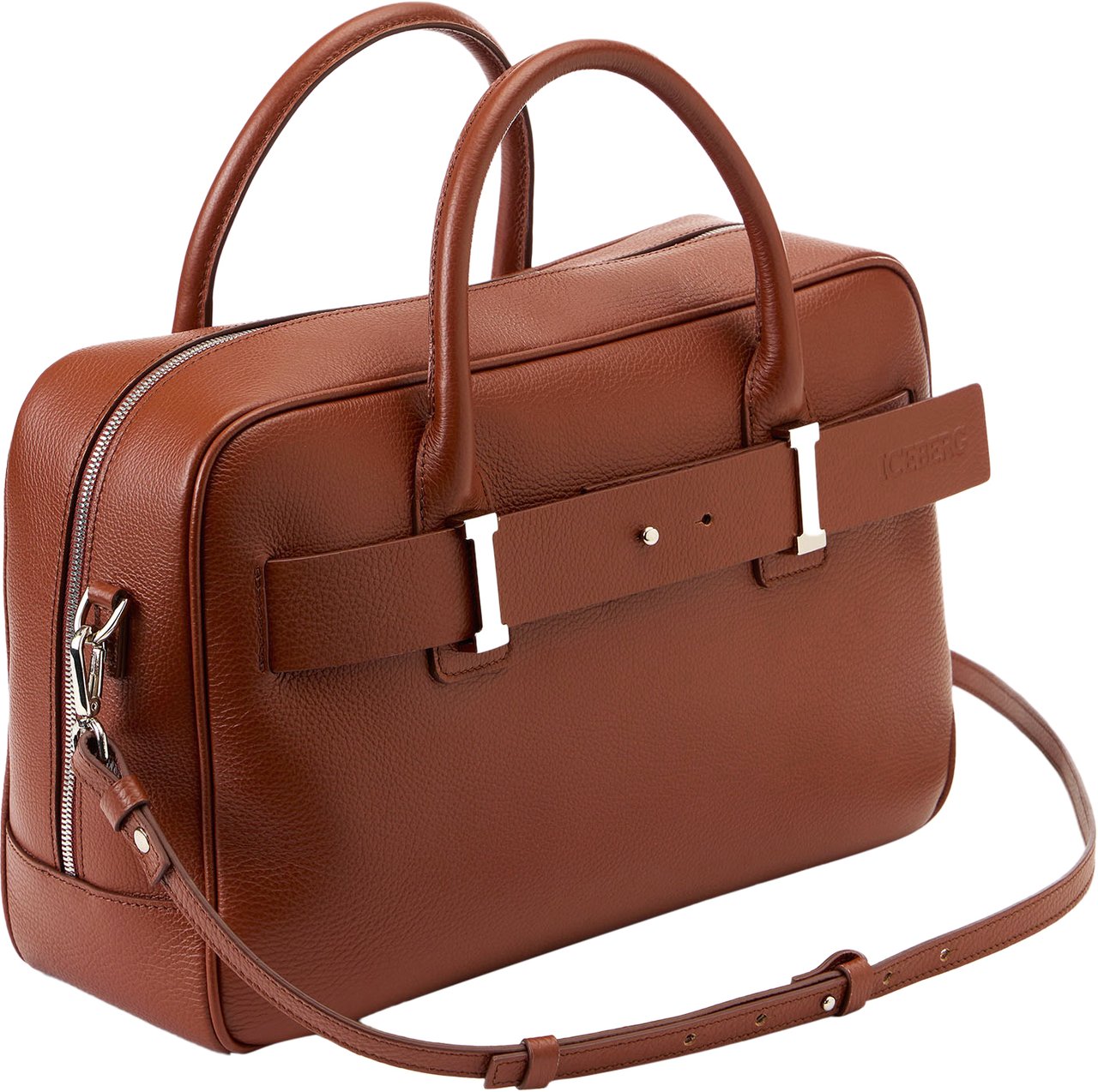 Iceberg Hazelnut Prince leather shoulder bag with logo buckles and debossed Iceberg logo detail Bruin