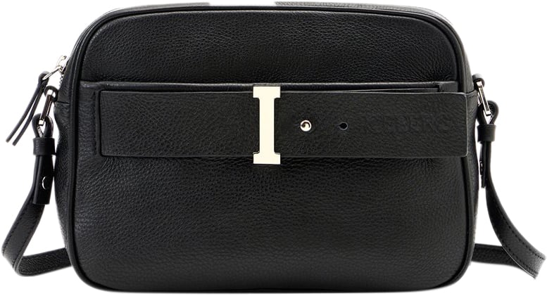 Iceberg Black Prince leather shoulder bag with I-logo buckles and debossed Iceberg logo Zwart