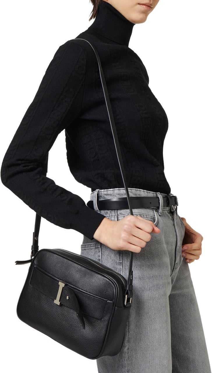 Iceberg Black Prince leather shoulder bag with I-logo buckles and debossed Iceberg logo Zwart