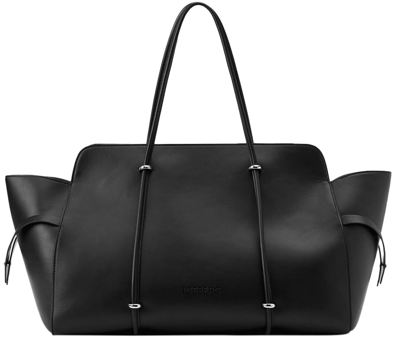 Iceberg Maxi shopper in black Lille leather with double Iceberg logo metal accessory and debossed logo Zwart