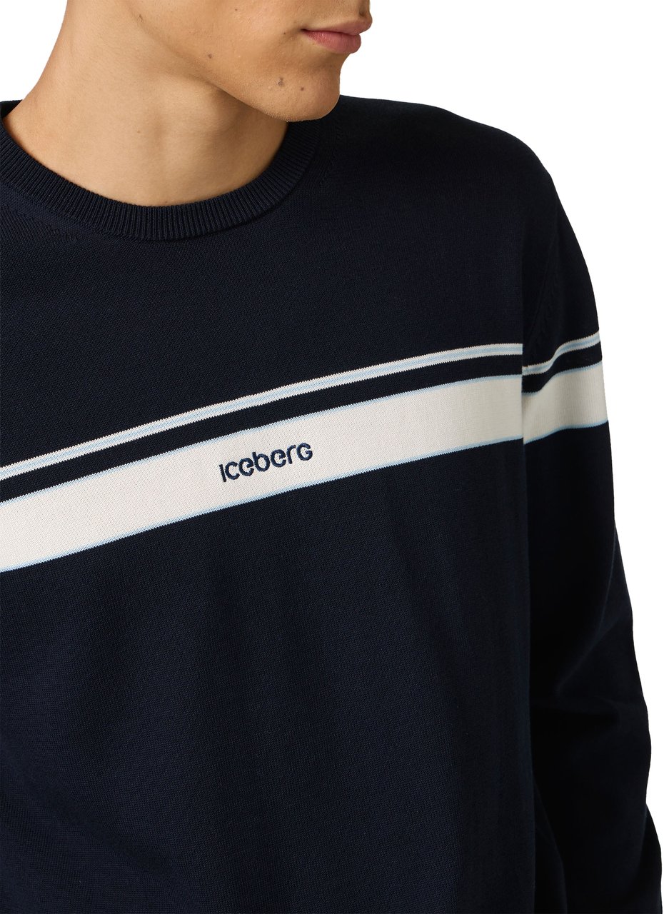 Iceberg Multicolored cotton crew neck sweater with stripes and logo Blauw