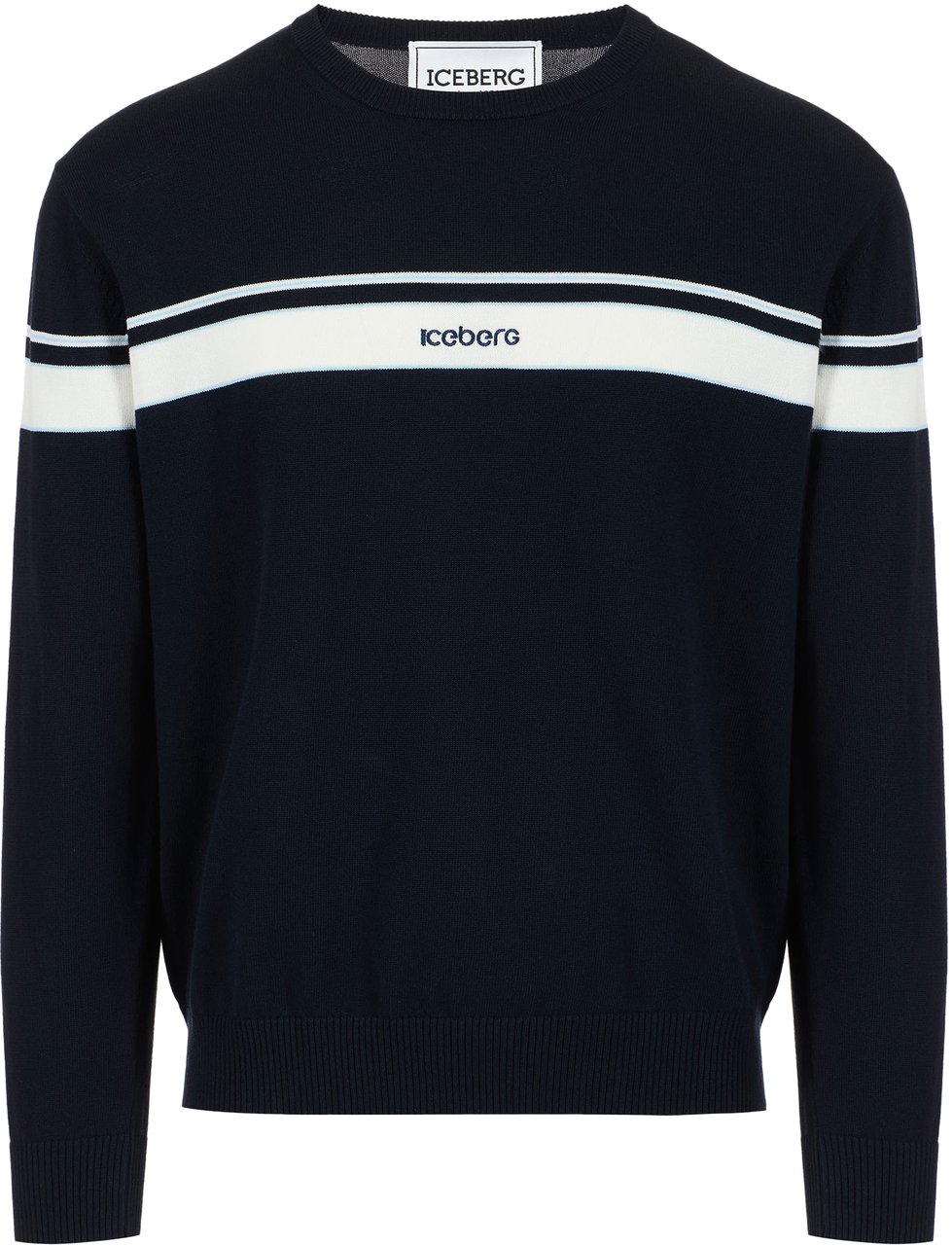 Iceberg Multicolored cotton crew neck sweater with stripes and logo Blauw