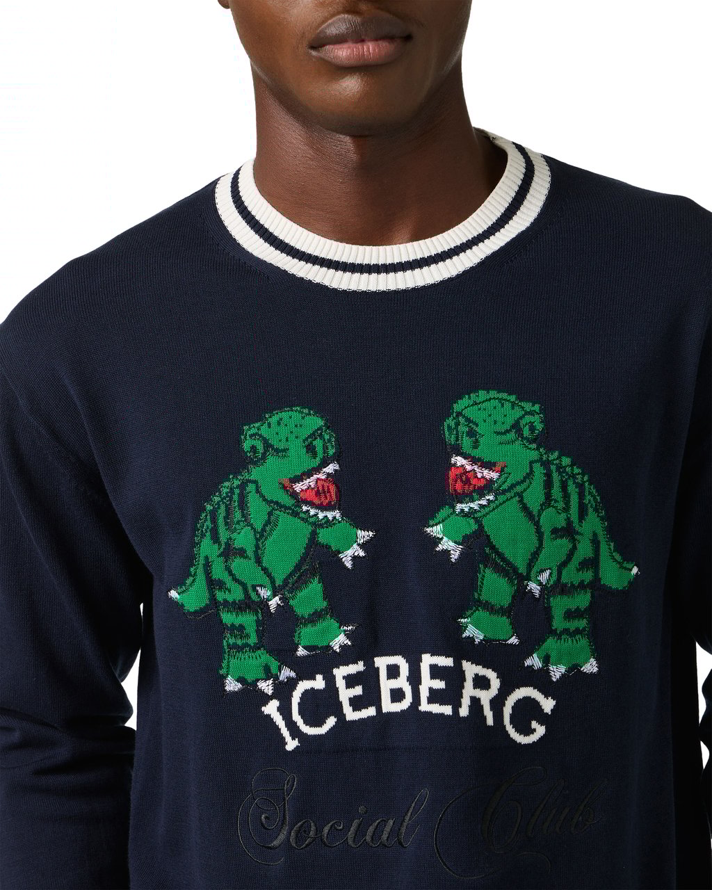 Iceberg Classic blue cotton crew neck sweater with dragon inlay Blauw