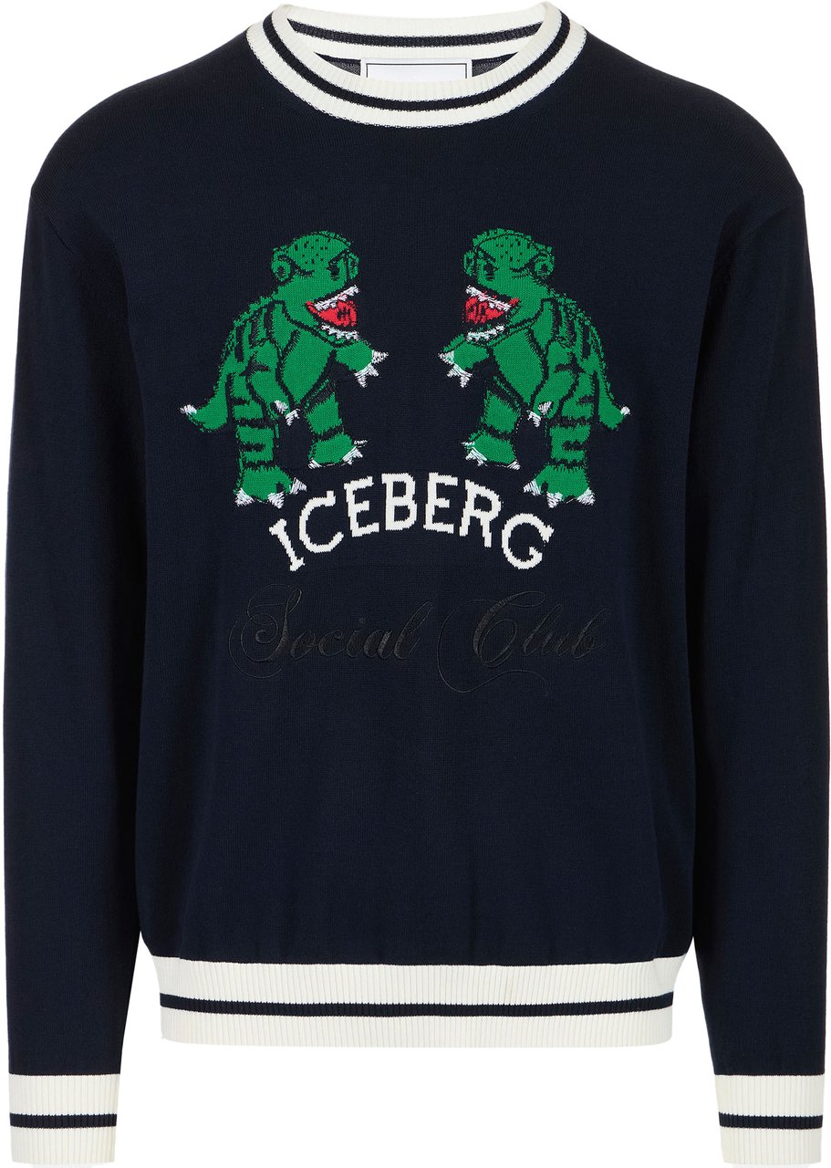 Iceberg Classic blue cotton crew neck sweater with dragon inlay Blauw