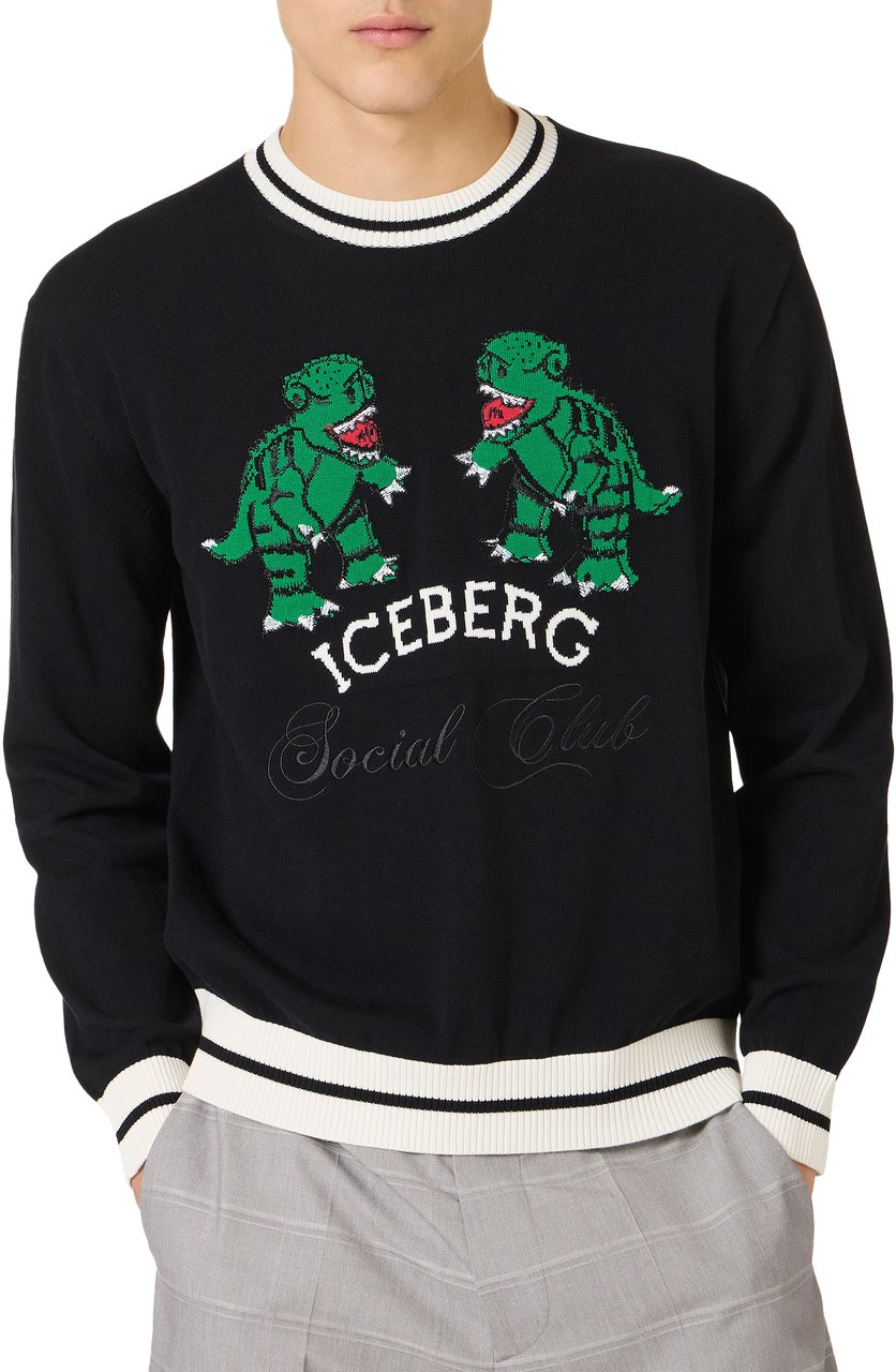 Iceberg Black cotton crew neck sweater with dragon inlay Zwart
