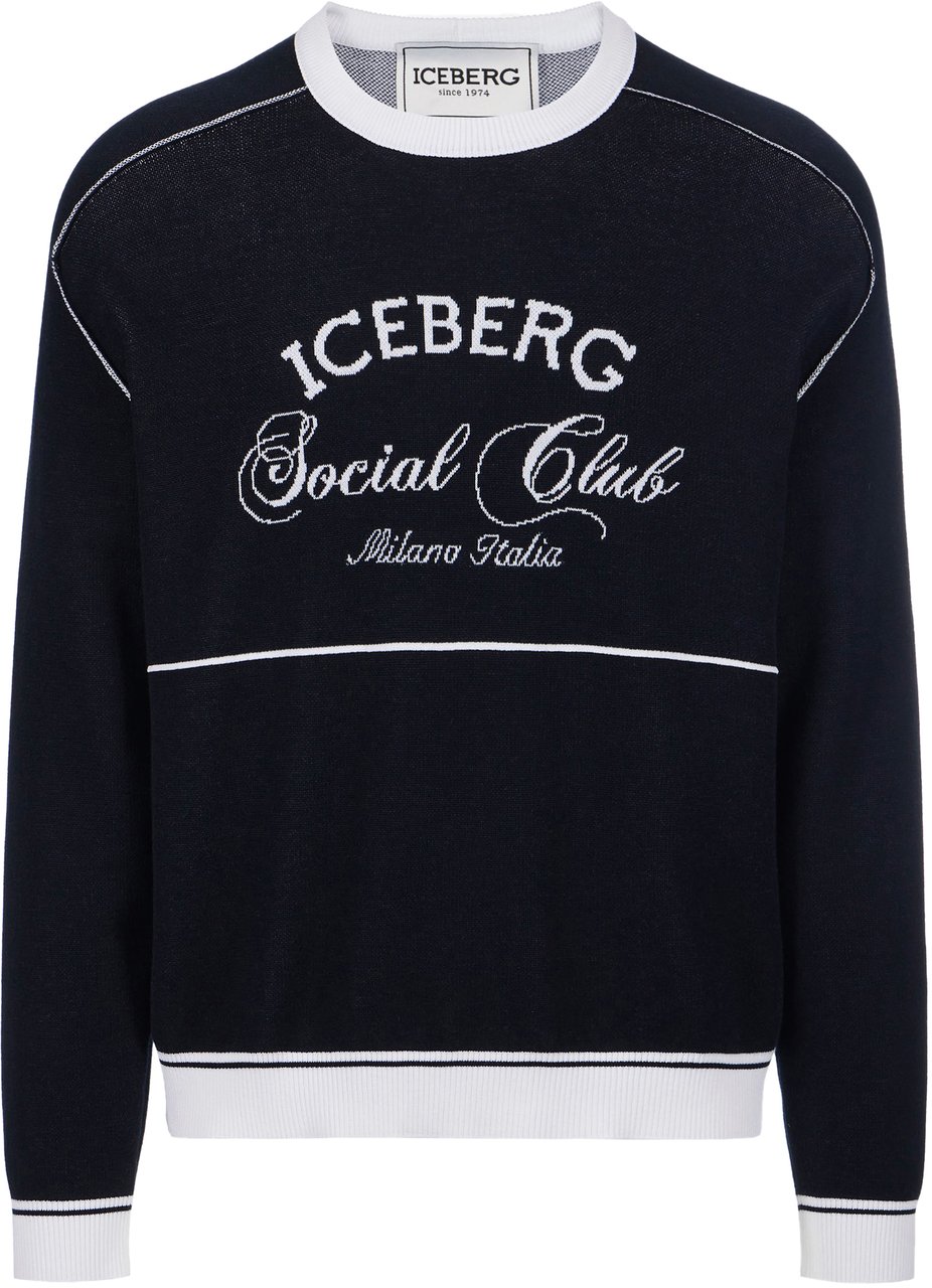 Iceberg Classic blue cotton crew neck sweater with jacquard workmanship Blauw