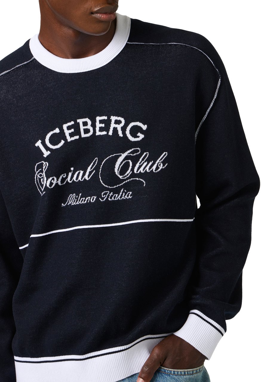 Iceberg Classic blue cotton crew neck sweater with jacquard workmanship Blauw