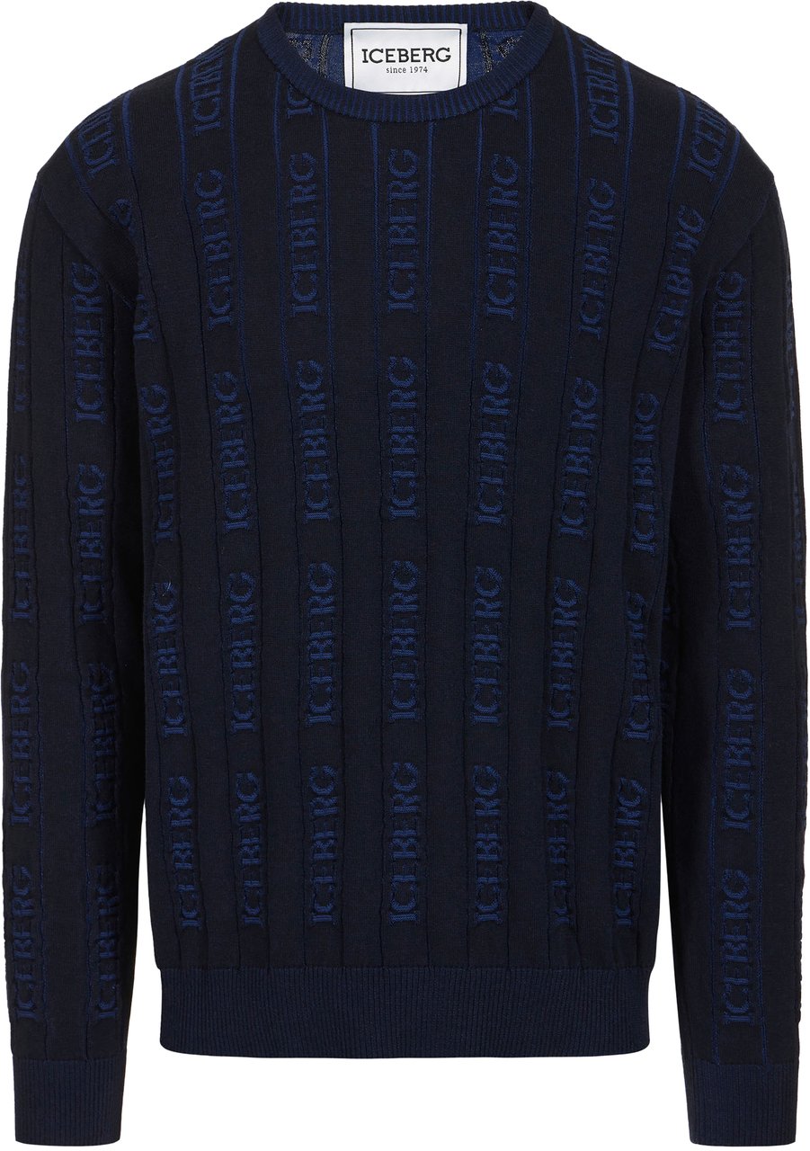 Iceberg Classic blue cotton crew neck sweater with Iceberg logo Blauw