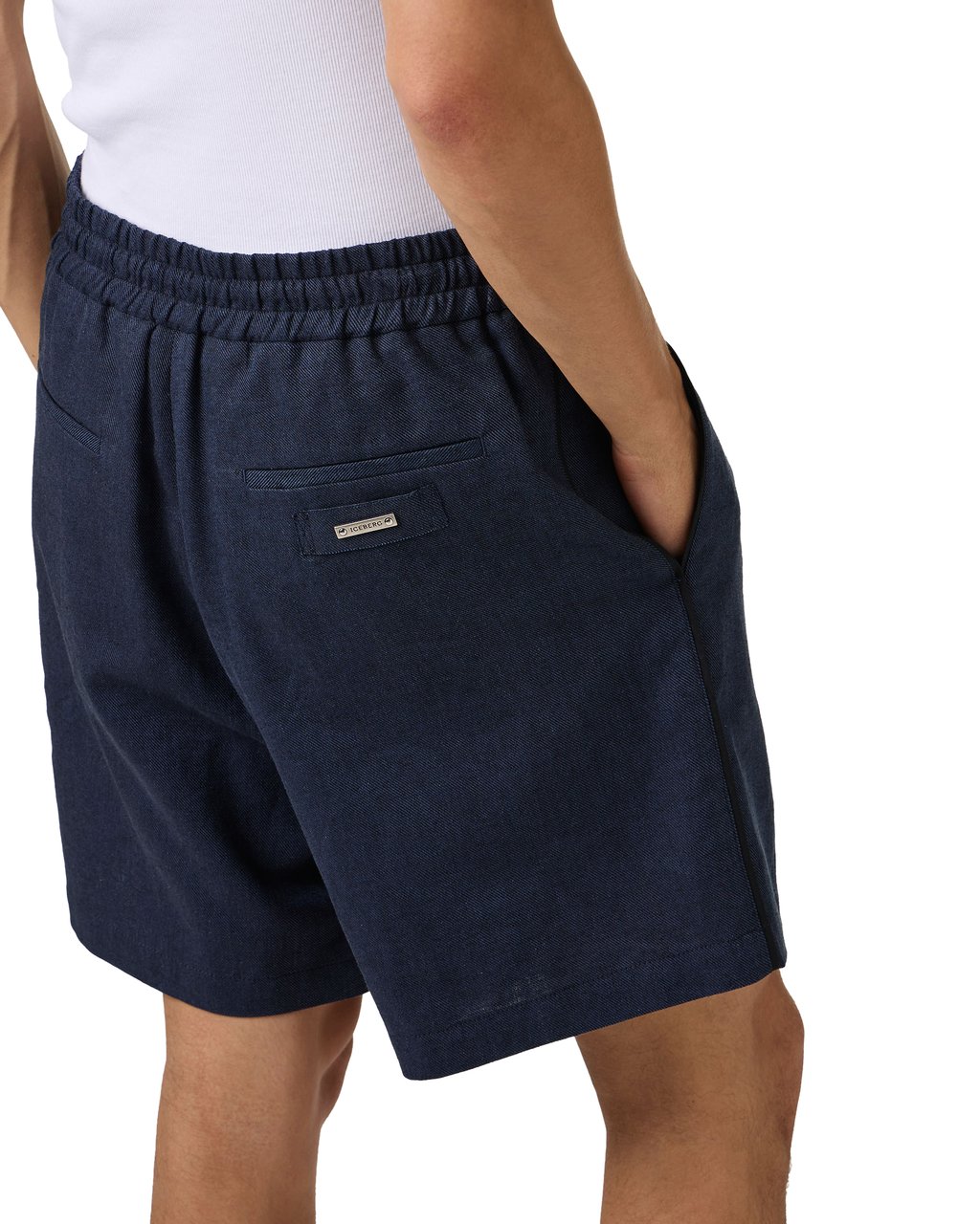 Iceberg Regular fit dark blue Bermuda shorts in diagonal linen-blend fabric Blauw