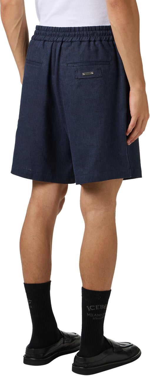 Iceberg Regular fit dark blue Bermuda shorts in diagonal linen-blend fabric Blauw