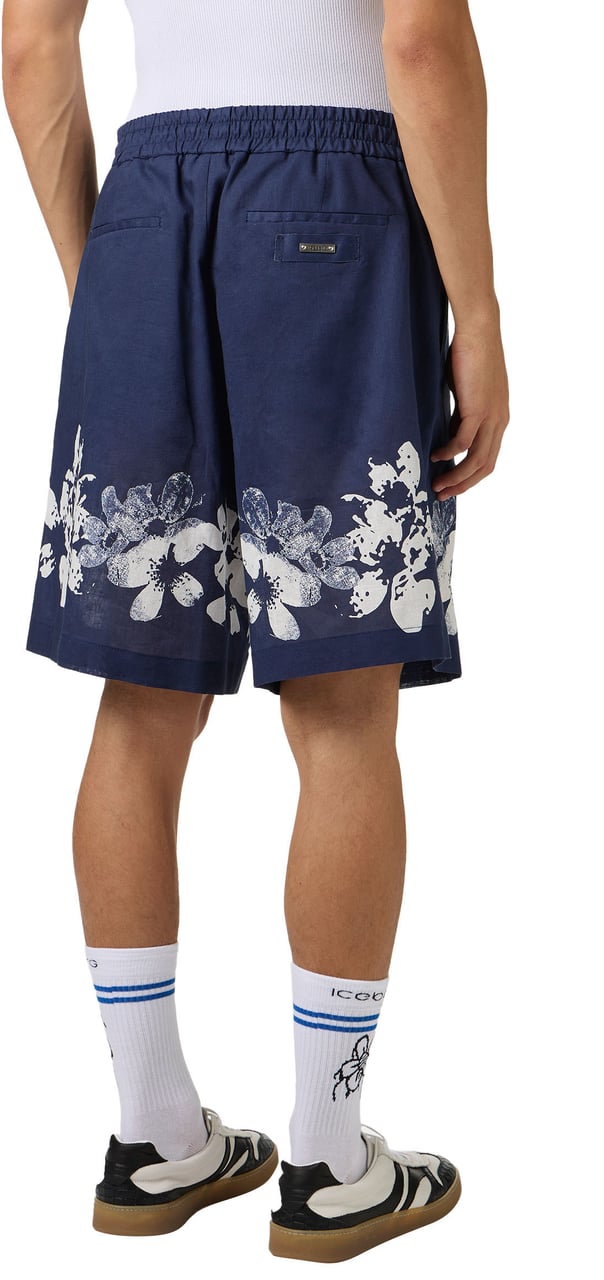 Iceberg Regular fit blue linen and cotton Bermuda shorts with Hawaiian print Divers