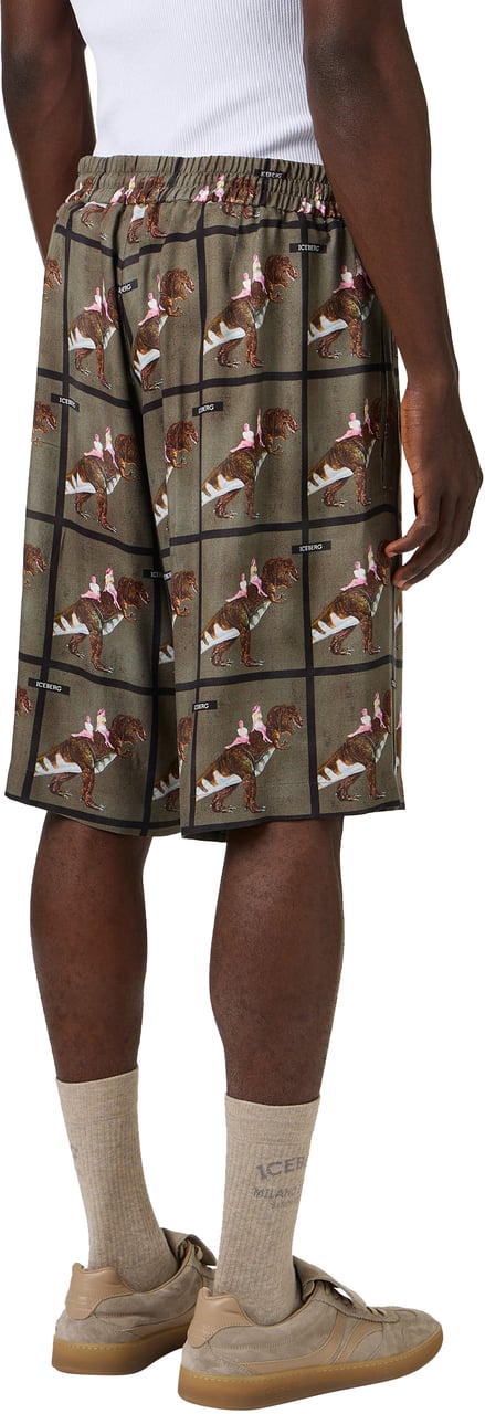 Iceberg Green and black regular fit viscose Bermuda shorts with dinosaur print Divers